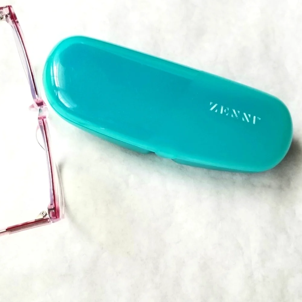 Zenni clear glass frames with red accent on top of frames with hard blue…